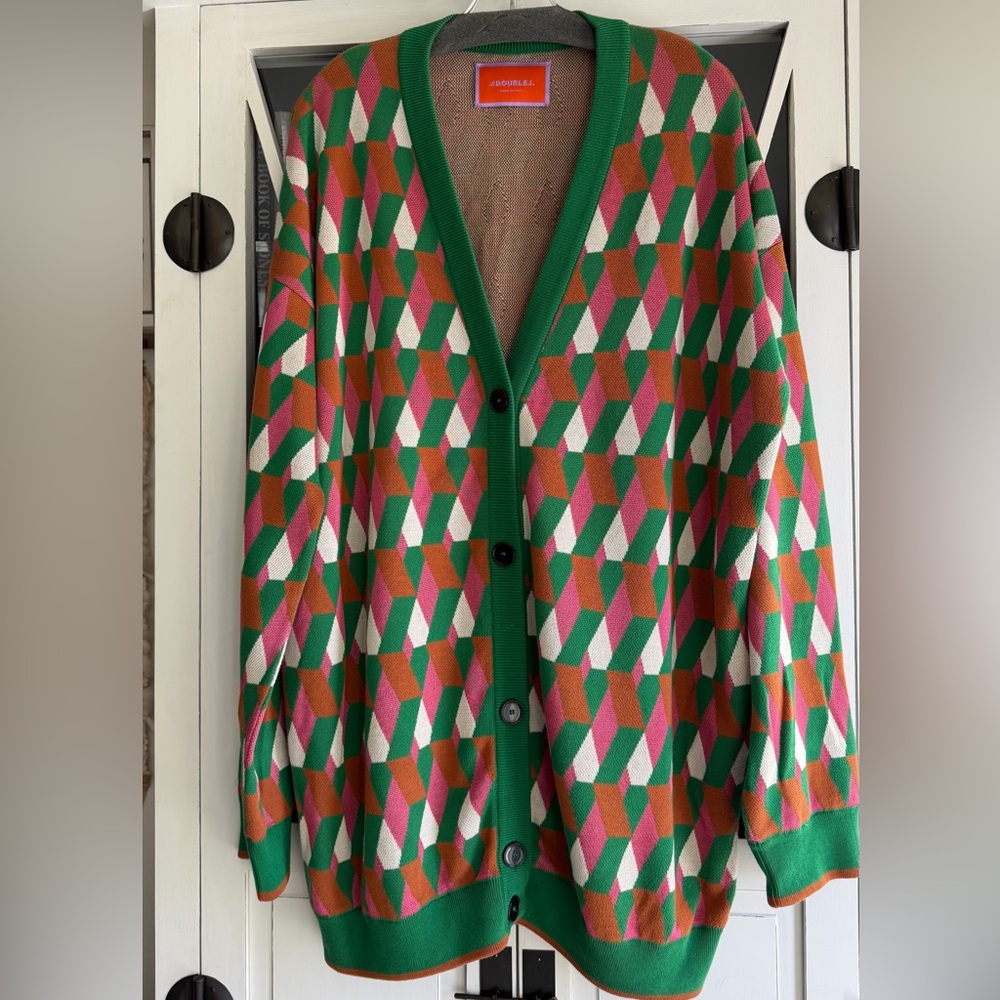 LA DoubleJ Cardigan - Green / Pink Geometric Pattern - XL
